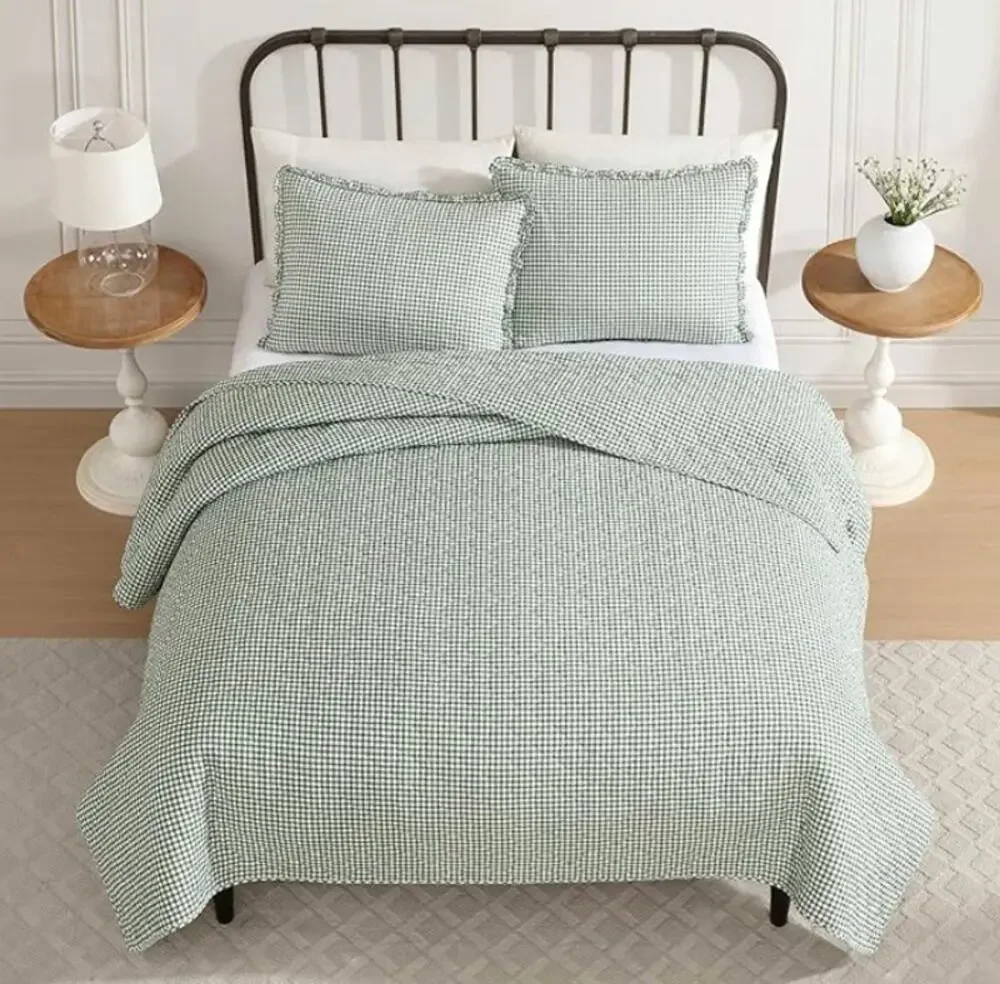 Full/Queen Quilt Set, Cotton Bedding with Matching Sham- Gracies Gingham Green